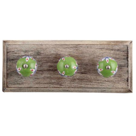 Pea Green Leaf Ceramic Wooden Hooks